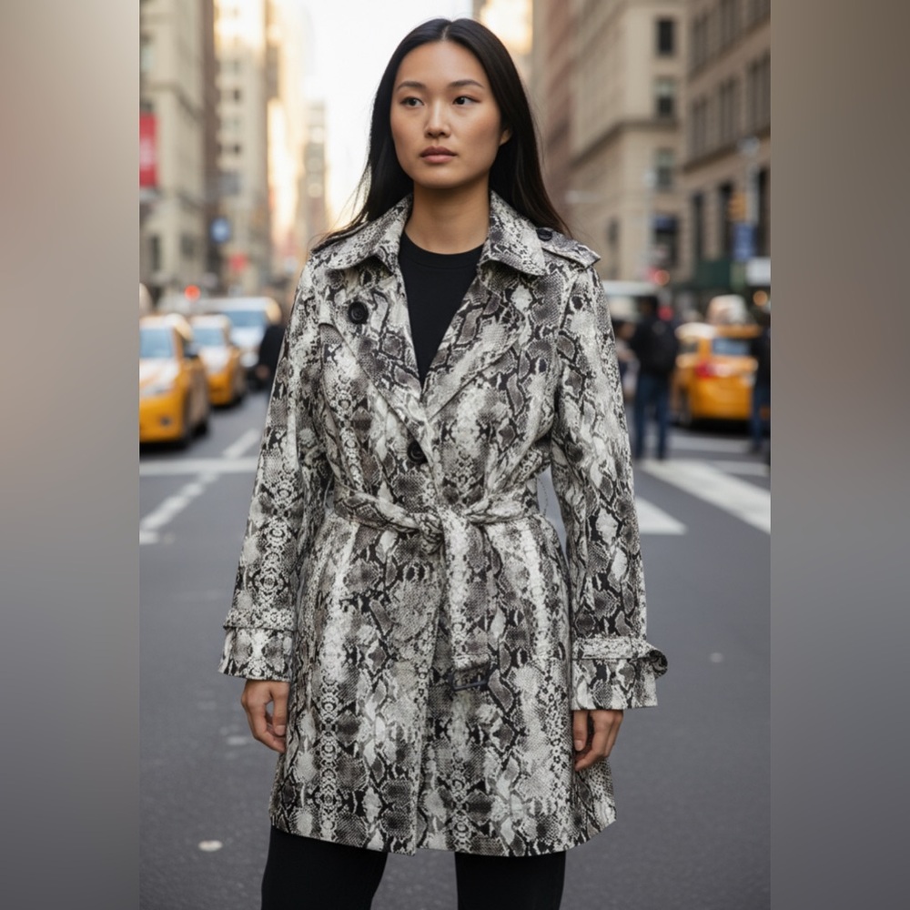 Hot-In-Hollywood Long sleeve Snake-Print Belted Trench Coat Size XL